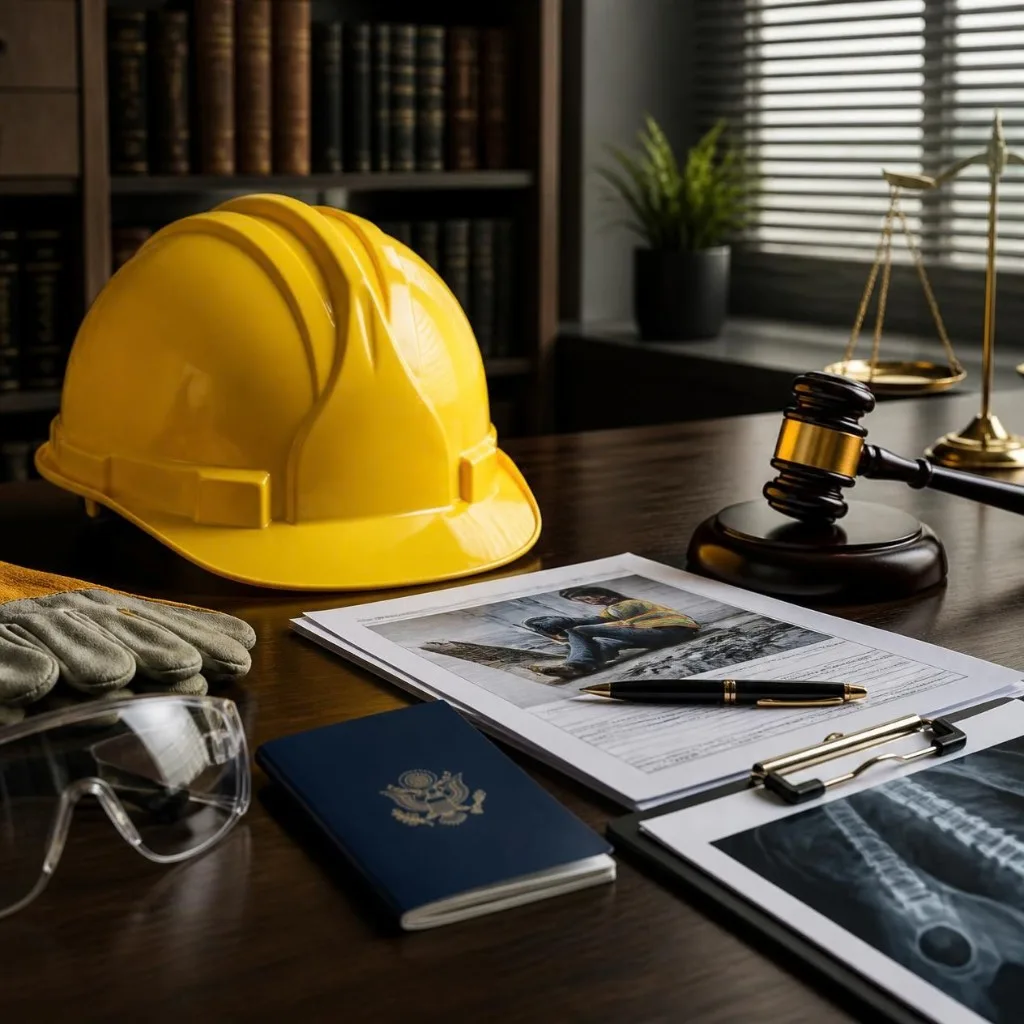 Capacete, documentos e itens jurídicos representam análise de acidente de trabalho.