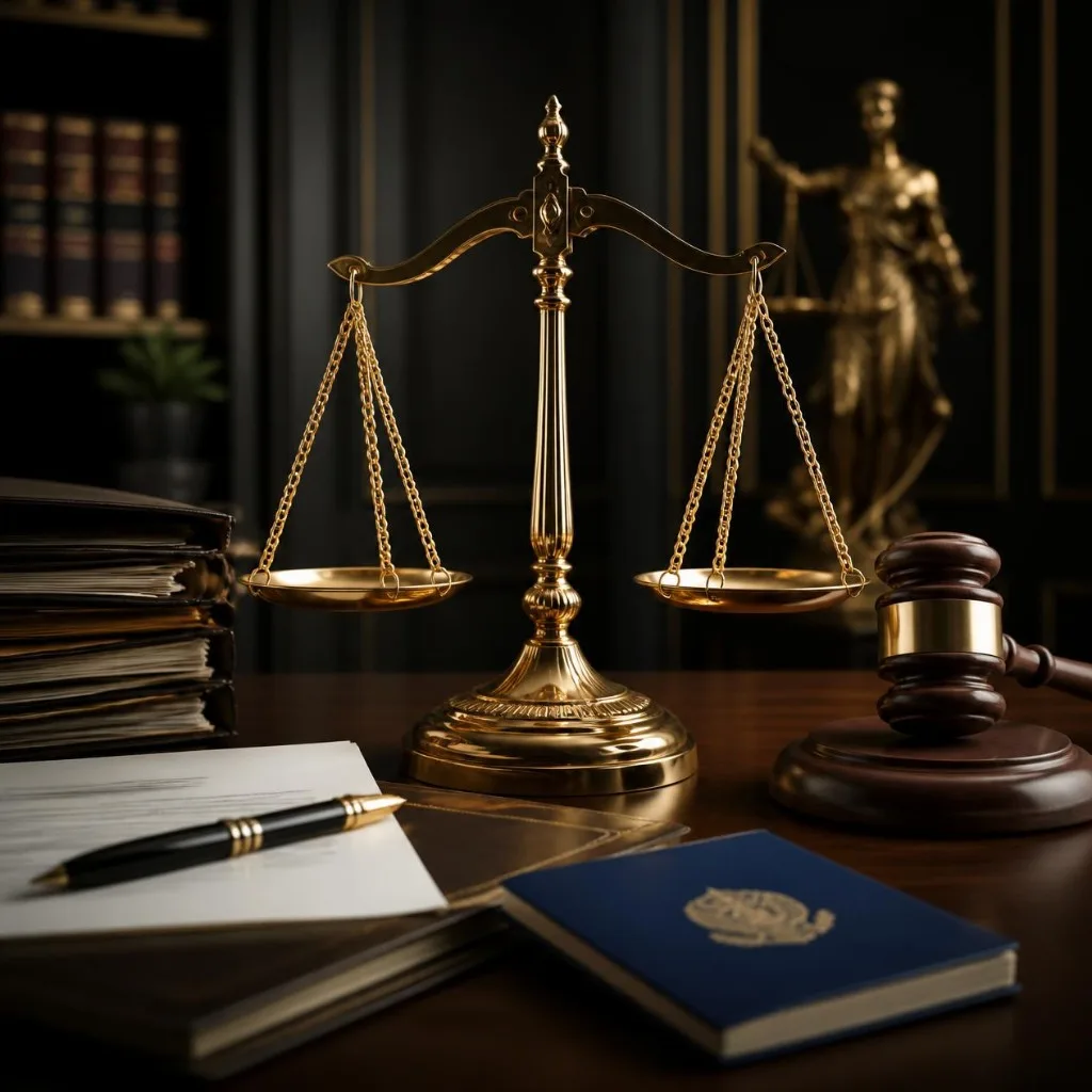 Balança da justiça, martelo e documentos representam atuação de advogado trabalhista.