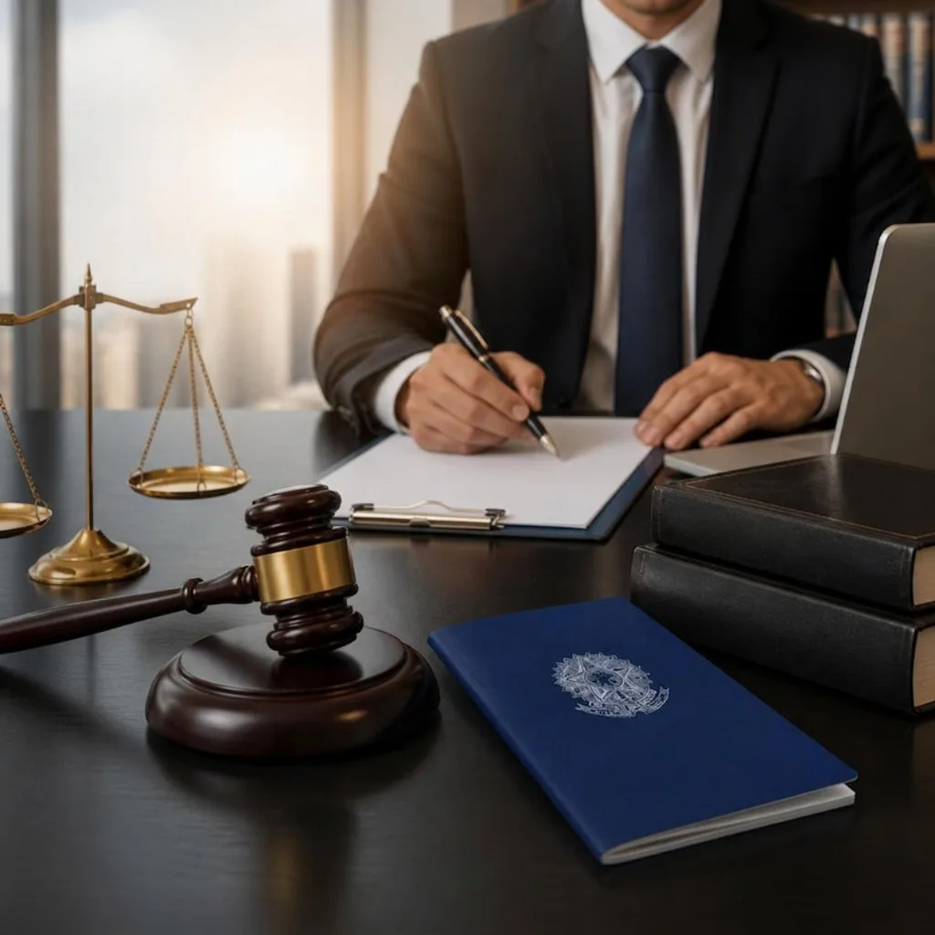 Advogado trabalhista analisando documentos ao lado de carteira de trabalho e balança.