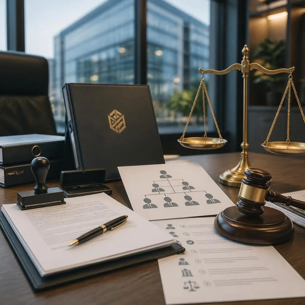 Documentos empresariais e símbolos jurídicos representam atuação de advogado trabalhista para empresas.