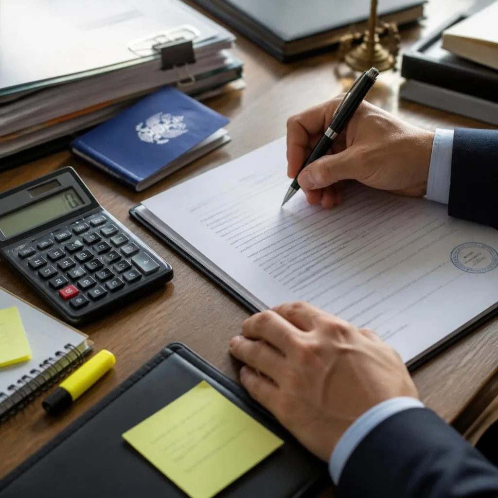 Advogado prepara documentos para defesa em reclamação trabalhista sobre mesa de escritório.