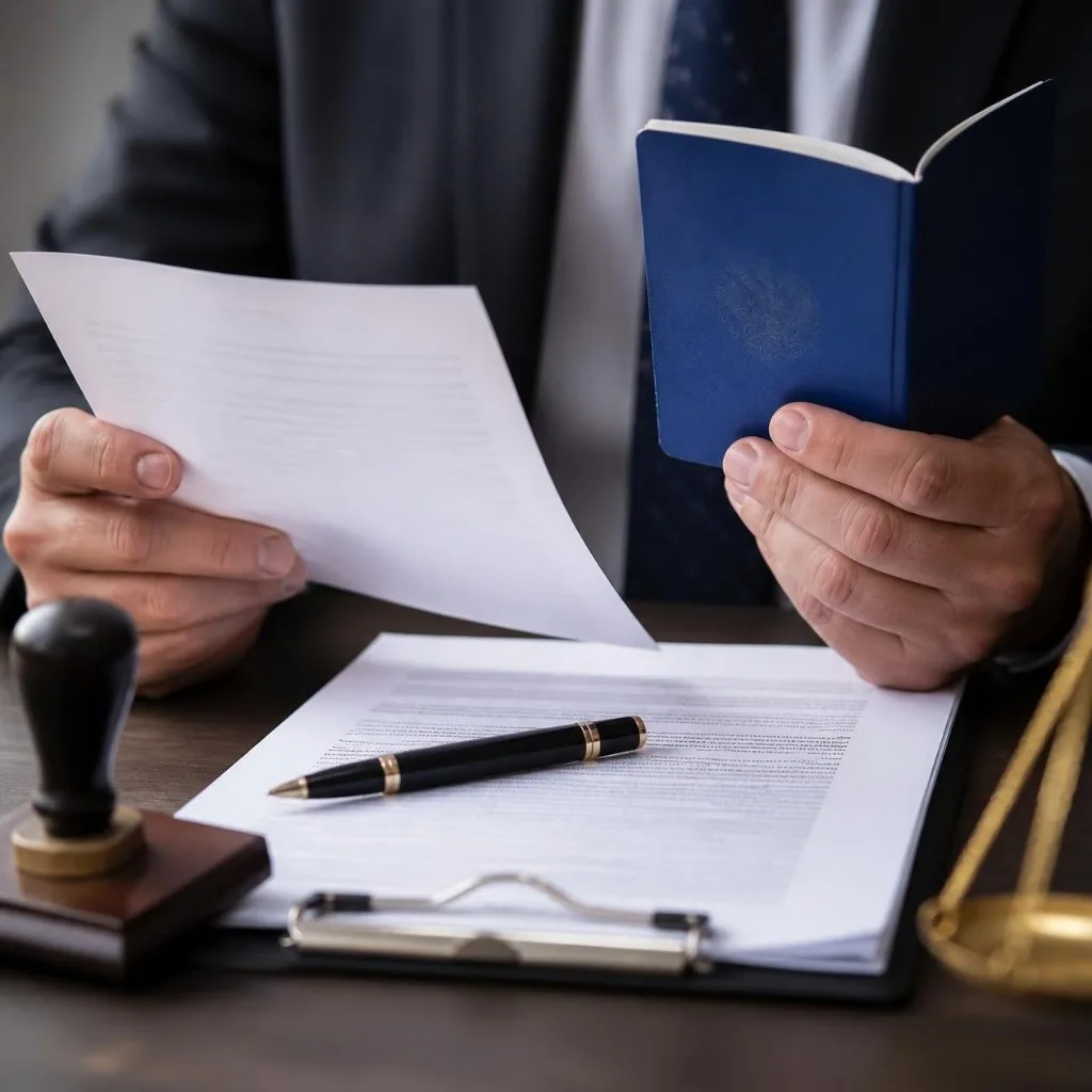 Advogado analisa documentos de rescisão indireta enquanto segura carteira de trabalho.
